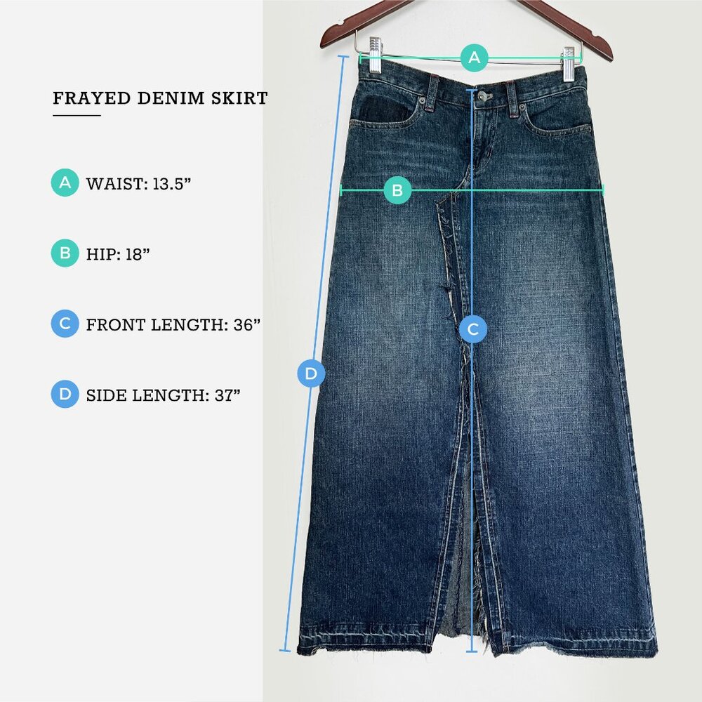 Unique DKNY Long Deconstructed Frayed Denim Skirt Size 0 - Picture 3 of 11